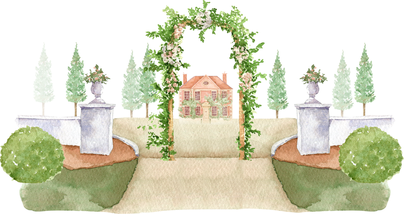 Watercolor wedding arch landscape, wedding venue village design, manor house, rustic wedding, invitation background, vintage architecture, arches, garden, greenery, flowers